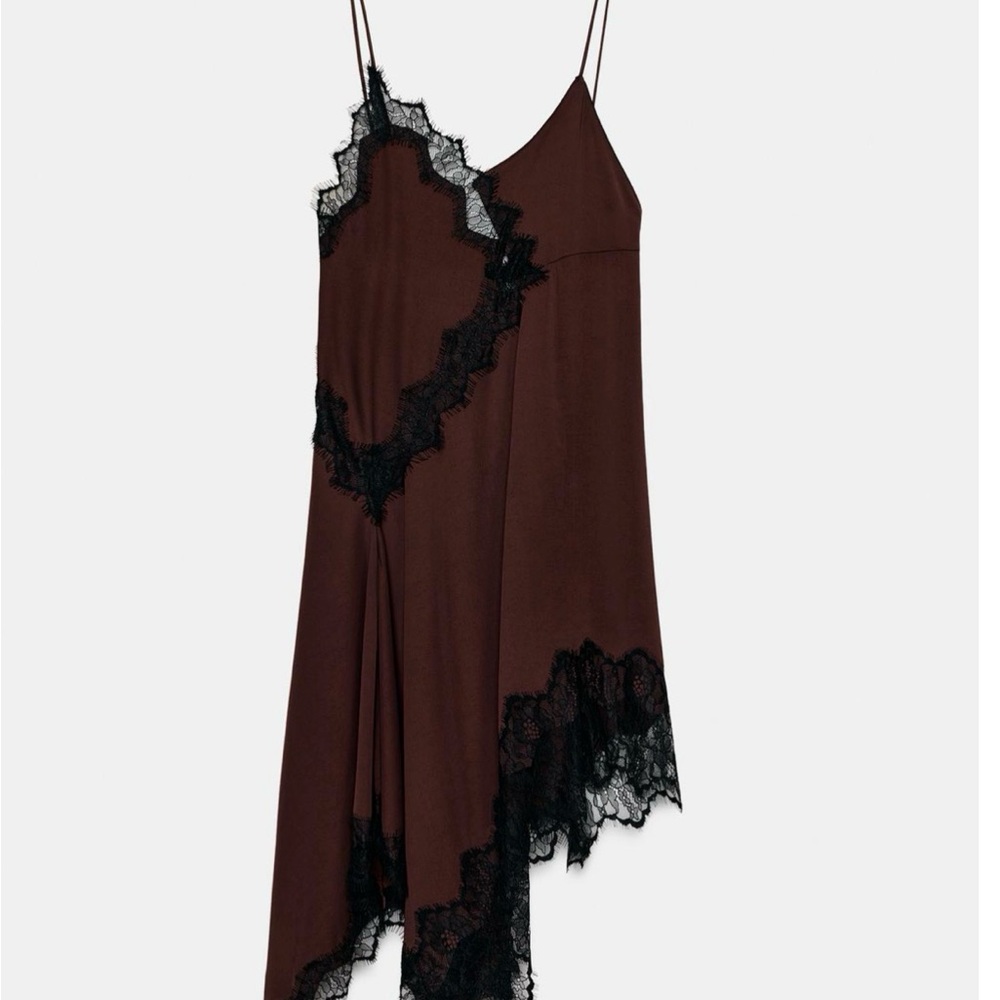 Zara Brown Lace-Trim Slip Dress